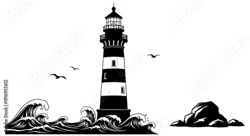 Black and white illustration of a lighthouse standing tall amidst crashing waves and flying seagulls against a serene ocean background with rocky shoreline