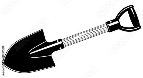 Simple black and white illustration of a shovel with a long handle and pointed blade perfect for gardening and digging tasks