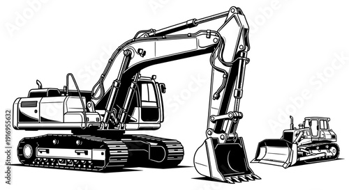 Heavy construction machinery including excavator and bulldozer illustrated in detailed black and white outline style for engineering and building projects