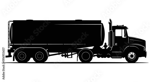 Large black tanker truck silhouette on a white background showcasing industrial transportation and logistics services for heavy cargo and bulk goods delivery.