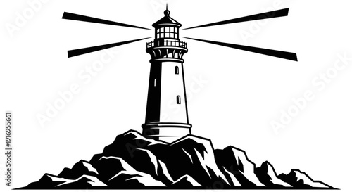 Simple black and white lighthouse illustration standing tall on rugged rocky coastline with windmill blades surrounding the tower in a striking monochromatic design.