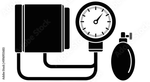 Blood pressure monitor device with cuff and gauge measuring heart health and cardiovascular wellness in a simple graphic illustration
