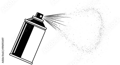 Spray can releasing fine mist of particles in a dynamic illustration showcasing artistic creativity and versatility in a simple black and white design style.