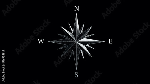 A distressed compass rose design with cardinal directions labeled on a stark black background