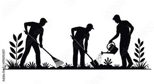 Silhouetted gardeners working together to maintain the garden with rakes and watering cans in a serene landscape