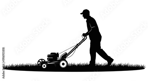 Man mowing lawn with push lawn mower in a simple silhouette illustration against a white background showing grass and person in detail