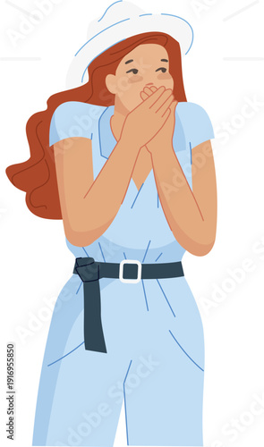 Young woman closed mouth with hands. Keep secret icon