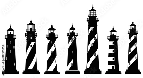 Collection of black silhouetted lighthouses with varying designs and heights on a white background. Different architectural styles and diagonal stripe patterns featured.