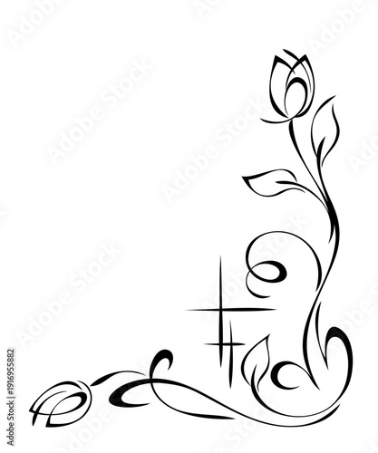 decorative corner ornament with stylized flowers on stems with leaves and curls; graphic design