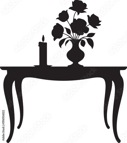 Black silhouette of table with candle and flower vase