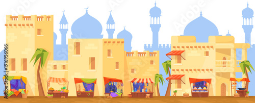 Middle east street scene. Arabic cartoon landscape