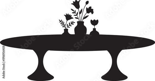Black silhouette of table with vases and flowers