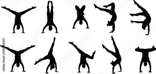Black silhouette of people performing handstand gymnastics and yoga poses in various acrobatic positions cad drawing flat vector illustration isolated