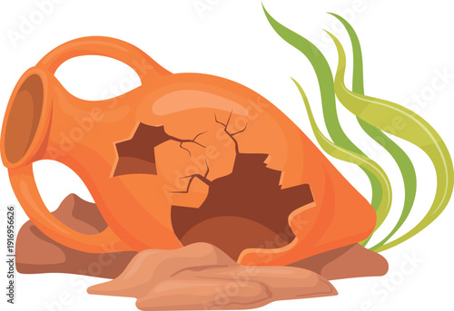 Broken amphora. Old clay jug lay underwater cartoon icon