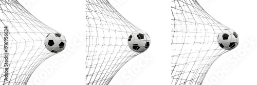 Tableau sur toile Set of Soccer Balls Hitting the Goal Net with Dynamic Impact Isolated on White B