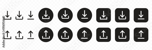 Download and upload icon button set. Icon symbol for download  upload  send file  document  receive  cloud upload  cloud download  cloud storage. Vector icon illustration