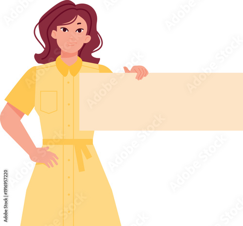 Woman show blank banner. Message paper sign