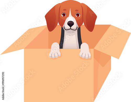 Puppy in cardboard box. Adopted dog cartoon character