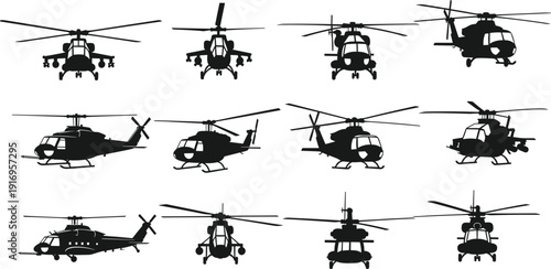 Set of black silhouettes showing military and rescue helicopters in different flying and landing positions isolated on white background.