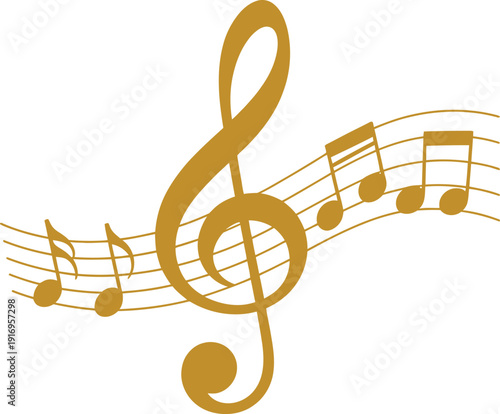 Golden treble clef and musical notes on a white background