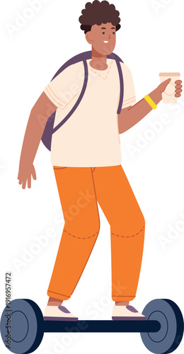 Student ride hoverboard. Happy young man with backpack