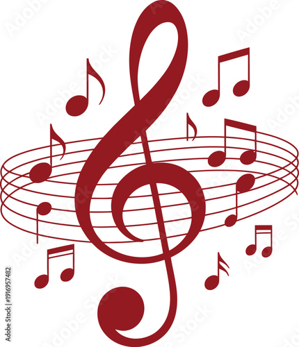 Red treble clef music notes on staff lines background