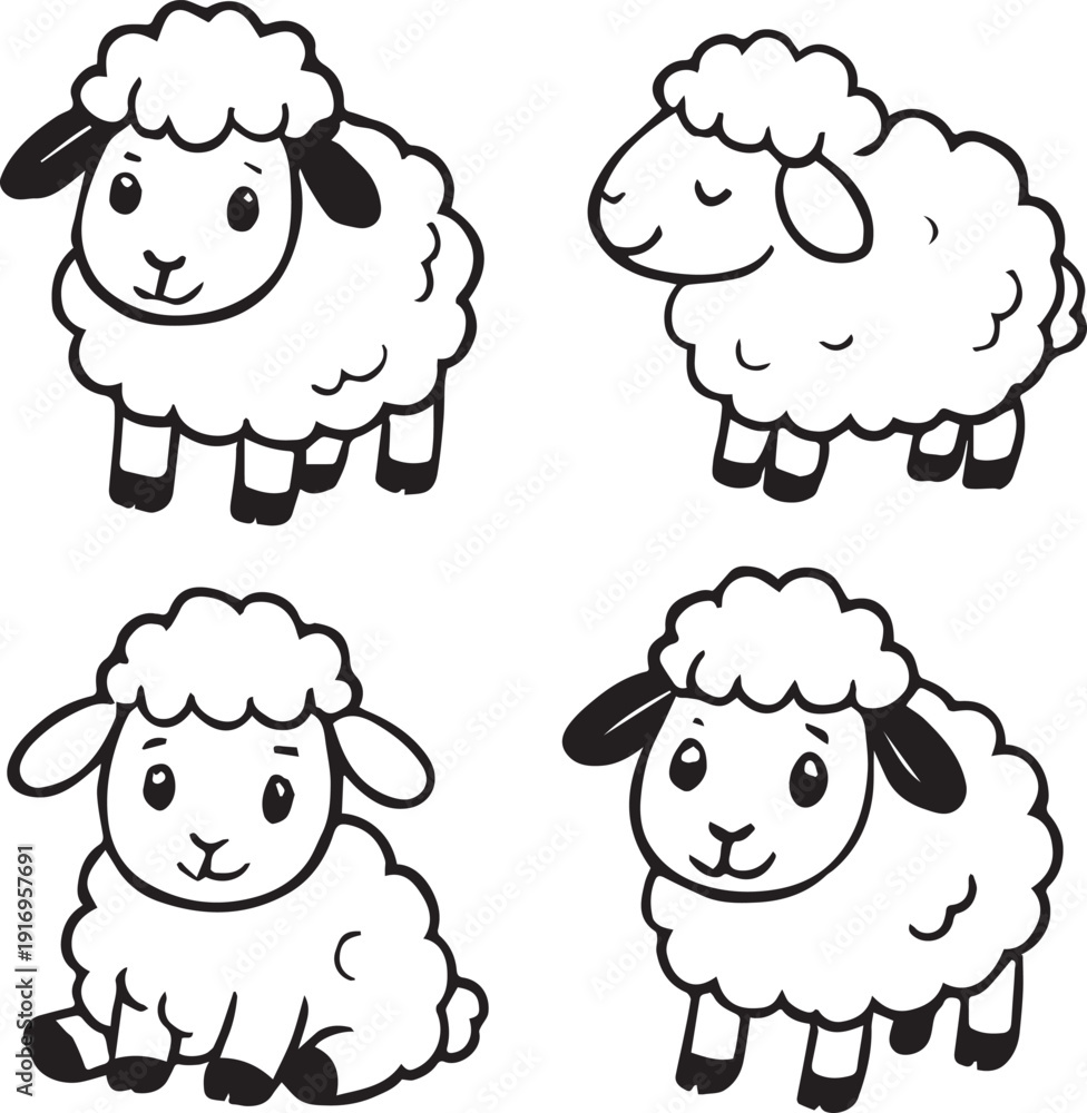 Fototapeta premium Four adorable cartoon sheep in various poses