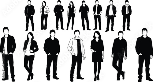 Set of black silhouettes showing group of young men and women standing in casual clothing isolated on white.