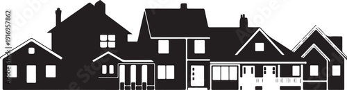 black and white houses with flags