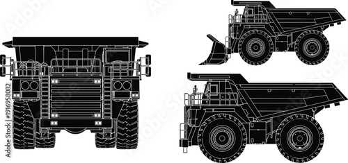 Vector illustration set of heavy mining dump truck showing front side and perspective views isolated on white background.