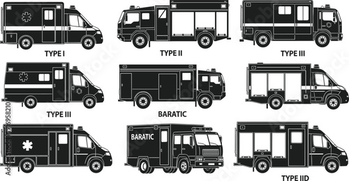 Collection of black vector silhouettes showing different types of ambulance vans and emergency vehicles isolated on white background.