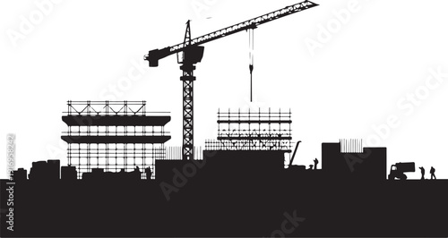 Silhouette of construction site with crane and buildings