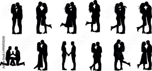 Collection, of, romantic, couple, silhouettes, featuring, marriage, proposal, intimate, hugs, and, sweet, moments, isolated, on, white, background, for, valentines, design.