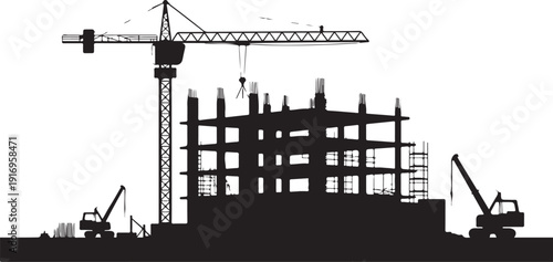 Silhouette of construction site with cranes and building