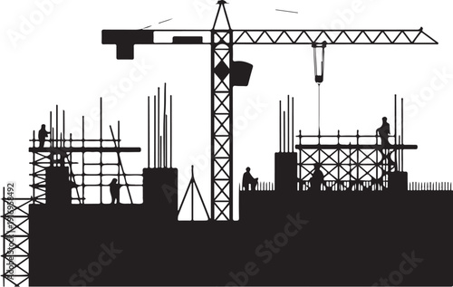 Silhouette of construction workers and crane at building site