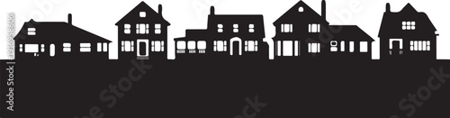 Silhouette of five houses in a row on a black background