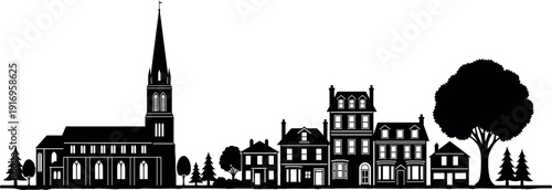 Detailed black silhouette of a small town street with a church steeple houses and trees cad drawing flat vector illustration
