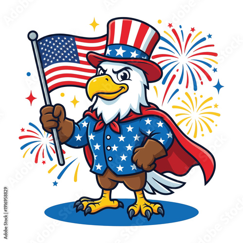 Patriotic Eagle Mascot Holding American Flag with Fireworks Cartoon Illustration