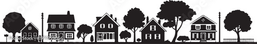 Silhouette of houses and trees in a neighborhood black and white 1