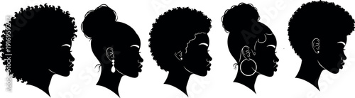 Collection, of, beautiful, African, American, woman, silhouettes, with, afro, hairstyles, and, jewelry, isolated, on, white, background, for, beauty, fashion, design.