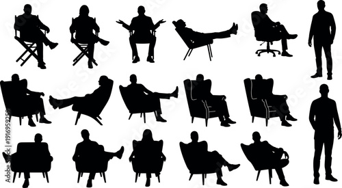 Collection, of, business, people, silhouettes, sitting, in, various, chairs, and, armchairs, isolated, on, white, background, for, office, and, interior, design.