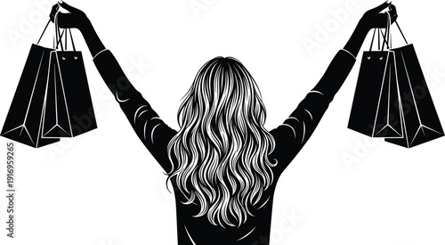 Rear view vector illustration of woman with long hair holding up multiple black shopping bags isolated on white background.
