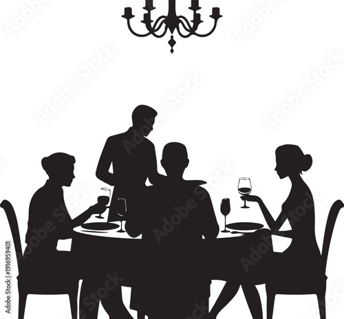 Silhouette of people dining at a table with wine glasses