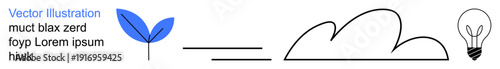Sustainability, innovation, creativity, growth, problem-solving, environmental ideas. A blue leaf, equals sign cloud and lightbulb symbol. Growth and innovation conceptual