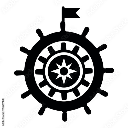 Black and white vector icon of a ship's wheel with compass rose and flag.