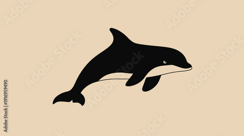 A monochrome illustration of a dolphin leaping out of the water, with a light tan background