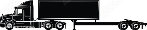 Side view black silhouette of large semi truck with cargo trailer for heavy transportation isolated on white background.