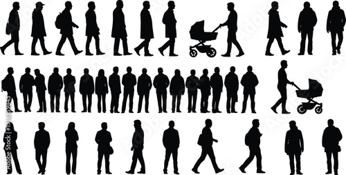 Large collection of people silhouettes walking in different directions including parents with baby strollers and men standing alone.