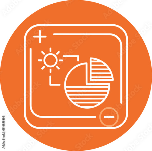 Flat design icon symbolizing photography editing process with sun, pie chart, plus and minus signs for creative tools
