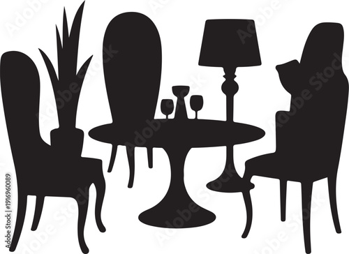 Silhouette of two people dining at a table with wine glasses and a lamp